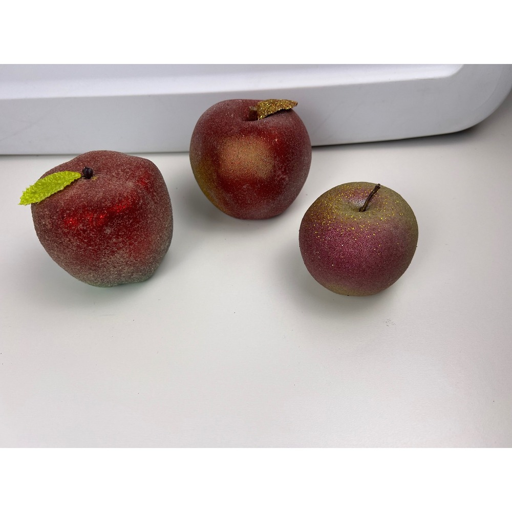 Set‎ of 3 Beaded Sugar Apples Faux Fruit Decorative Holiday Red Green Gold